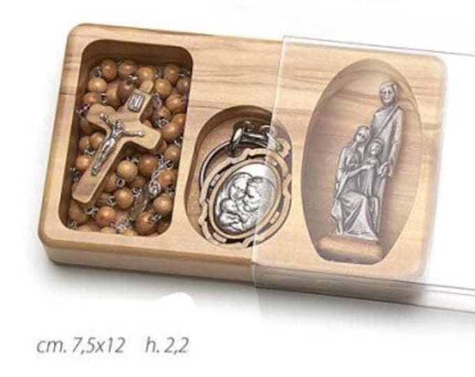 Rosary key ring and statue of the Holy Family, with deluxe case in national olive wood of Italian artisan production