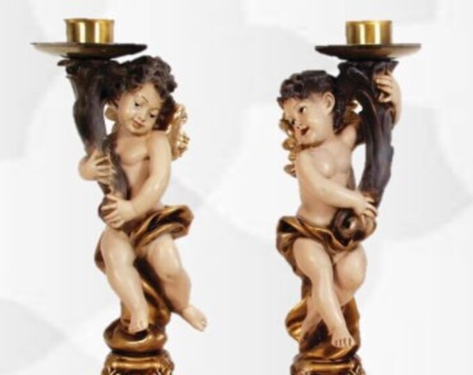 Pair of candle holder angels cm 39 x 12 (15,35 x 4,72 inches) in hand-decorated resin, handcrafted production