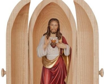 Statue of Jesus the Sacred Heart with niche, carved in Valgardena wood, hand decorated, Italian production