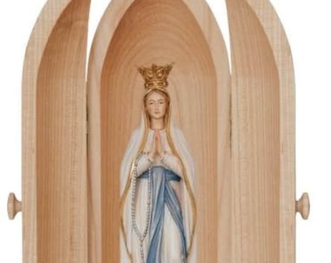Statue of the Madonna of Lourdes with niche, carved in Valgardena wood, hand decorated, Italian production