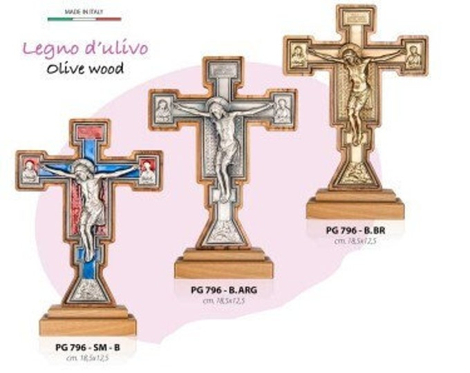 Giotto crucifix with base, brushed metal plaque 18.5 cm (7.28 inches), various models available, of Italian artisan production