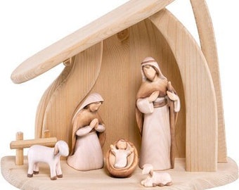 Complete "FIDES" nativity scene, 7 pieces with hut, carved in hand-decorated Valgardena wood, various sizes, artisanal production