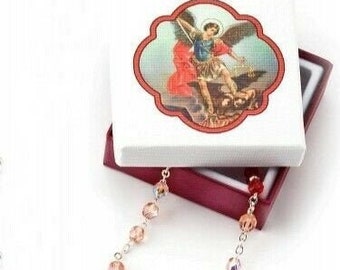 Rosary of Saint Michael the Archangel in half crystal, 6 mm grain with deluxe case of Italian artisan production