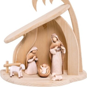 Complete "FIDES" nativity scene, 7 pieces with hut, carved in hand-decorated Valgardena wood, various sizes, artisanal production