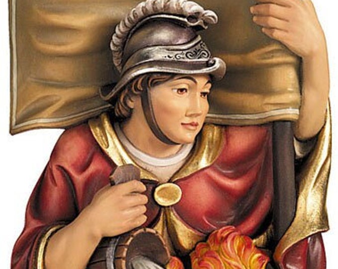 Sculpture of San Floriano to hang carved in wood from Valgardena decorated by hand of Italian artisan production