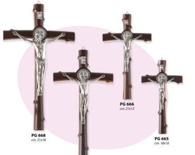 Crucifix of St. Benedict of Norcia, in beech wood and metal body, to hang or to be countertop, of Italian artisan production