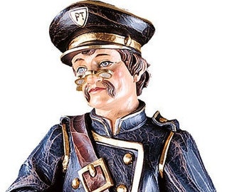 Postman sculpture carved from Valgardena wood and hand-decorated, Italian artisan production.