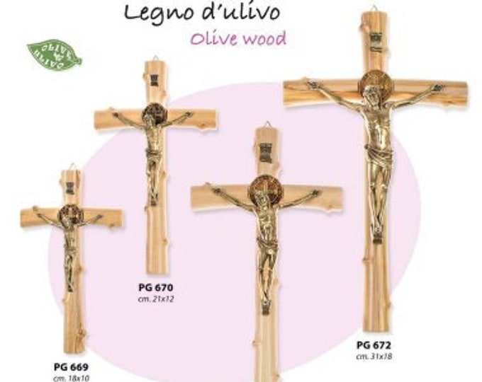 Crucifix of St. Benedict of Norcia, in olive wood and metal body, to hang or to be supported, of Italian artisan production