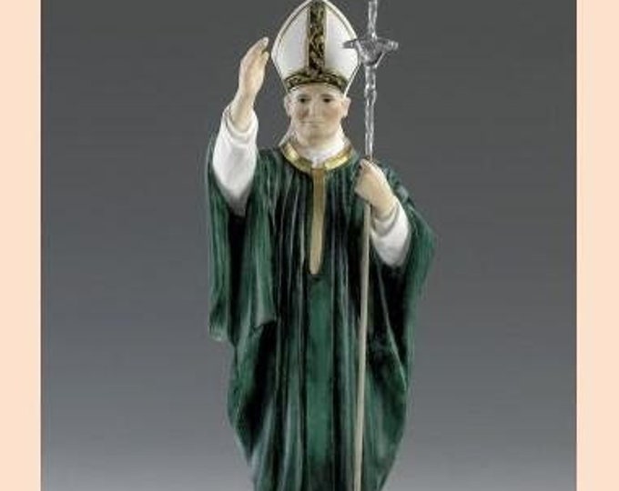 Statue of Pope John Paul II cm 32 (12.59 inches) in alabaster powder, wooden base, hand decorated, made in Italy