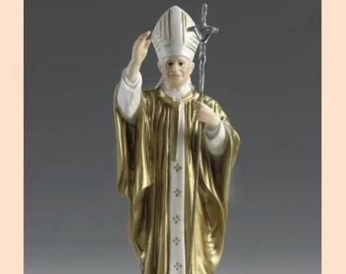 Statue of Pope Benedict XVI Ratzinger cm 32 (12.59 inches) in alabaster powder, wooden base, hand decorated, made in Italy