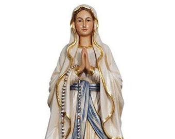 Statue of Our Lady of Lourdes carved from Valgardena wood and hand-decorated, handcrafted in Italy.