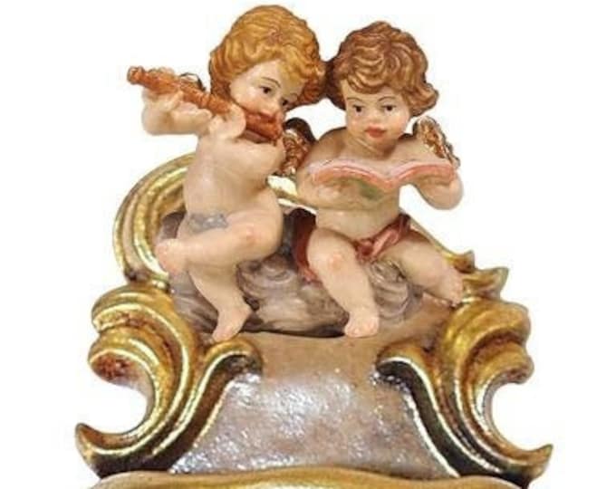 Holy water stoup with pair of angels, carved in Valgardena wood decorated by hand with gold oil leaf colors, of Italian production