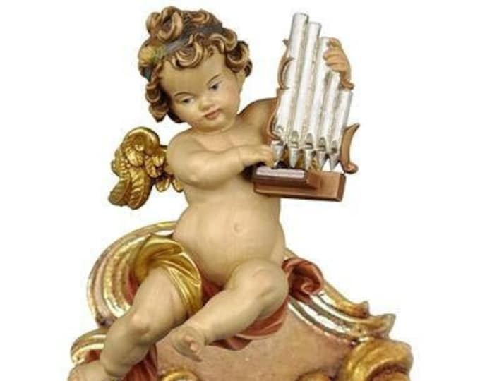 Holy water stoup with angel, carved in Valgardena wood decorated by hand with oil and gold leaf colors, of Italian production