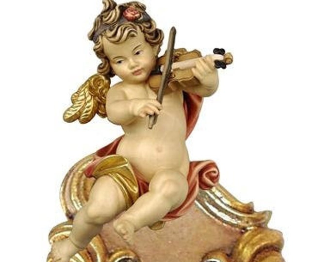 Holy water stoup with angel, carved in Valgardena wood decorated by hand with oil and gold leaf colors, of Italian production