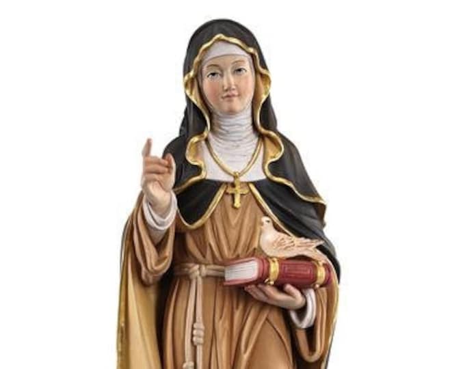 Statue of Saint Scholastica with dove carved in Valgardena wood and hand-decorated, of Italian artisan production