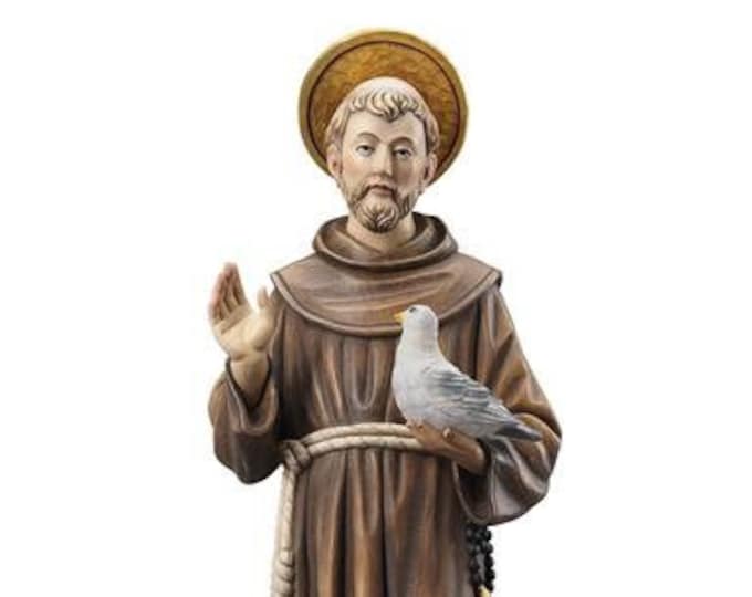 Statue of Saint Francis of Assisi carved in Valgardena wood and hand decorated, Italian artisan production