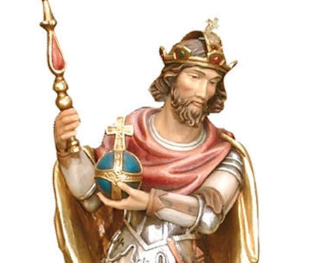 Statue of St. Stephen of Hungary, carved in wood from Val Gardena and hand decorated of Italian artisan production
