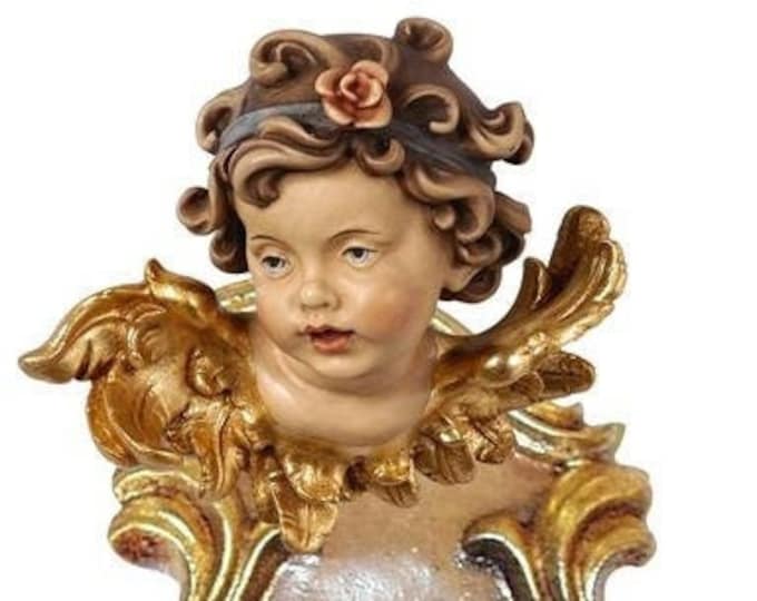 Holy water stoup with angel, carved in Valgardena wood decorated by hand with oil and gold leaf colors, of Italian production