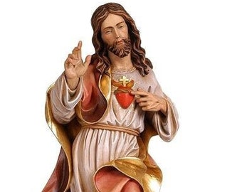 Statue of Jesus Sacred Heart, carved in wood from Valgardena and hand-decorated with Italian craftsmanship
