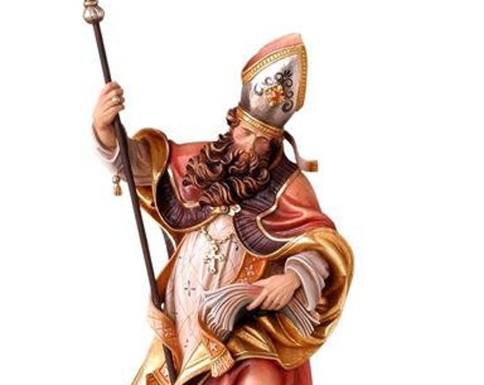 Statue of San Ruperto with bucket of salt carved in wood from Valgardena and decorated by hand of Italian artisan production