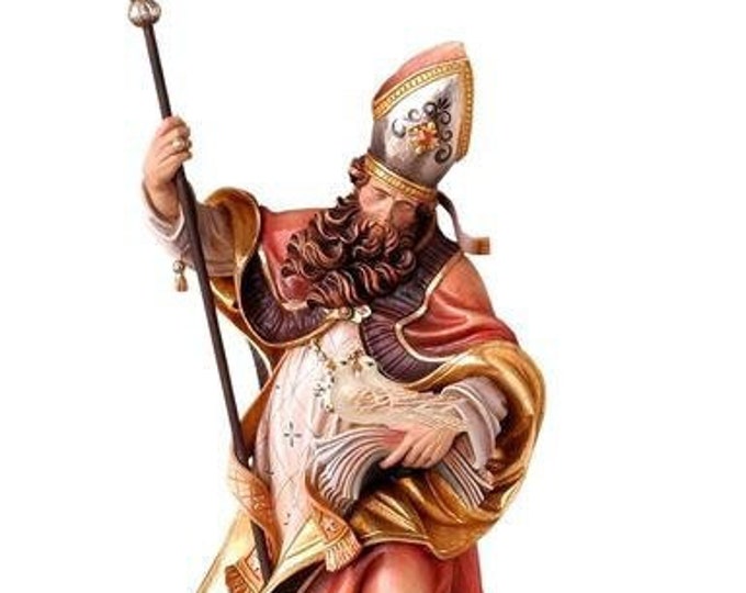 Statue of St. Eugene with two doves, carved in Valgardena wood and hand-decorated with Italian craftsmanship