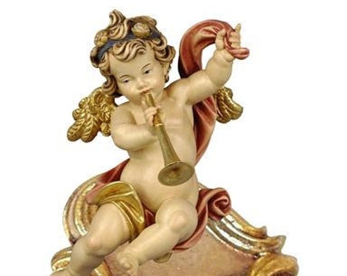 Holy water stoup with angel, carved in Valgardena wood decorated by hand with oil and gold leaf colors, of Italian production