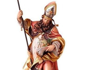 Statue of St. Valentine with rooster, carved from Valgardena wood and hand-decorated, Italian artisan production.