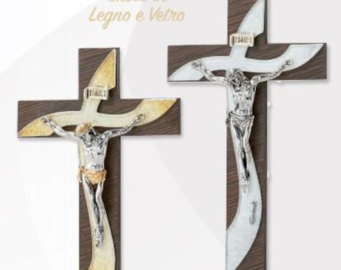 Crucifix made entirely of wood and Murano glass, handcrafted in Italy, various colours and sizes available
