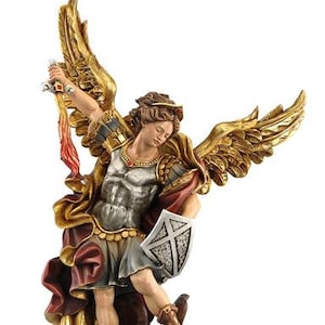 Statue of St. Michael the Archangel carved in Valgardena wood and hand decorated, Italian artisan production