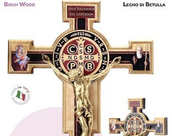 Crucifix cross of Saint Benedict of Norcia, in birch wood and bronzed metal body, various sizes, Italian artisan production