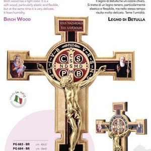Crucifix cross of Saint Benedict of Norcia, in birch wood and bronzed metal body, various sizes, Italian artisan production