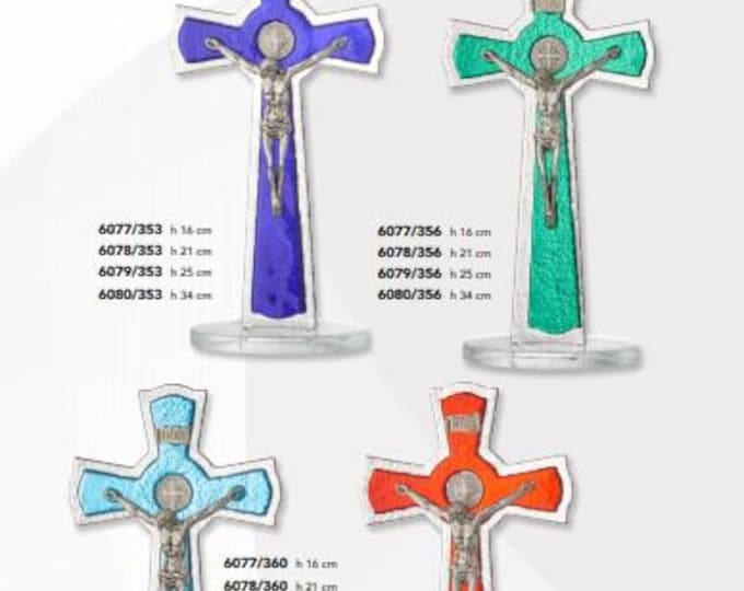 Crucifix of Saint Benedict of Norcia made of Murano glass, handcrafted in Italy, various colors and sizes available