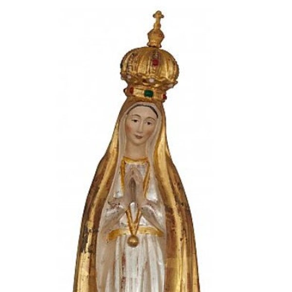 Statue der Pilgermadonna von Fatima mit Goldverzierung aus Grödenholz geschnitzt und handverziert aus italienischer Handwerkskunst