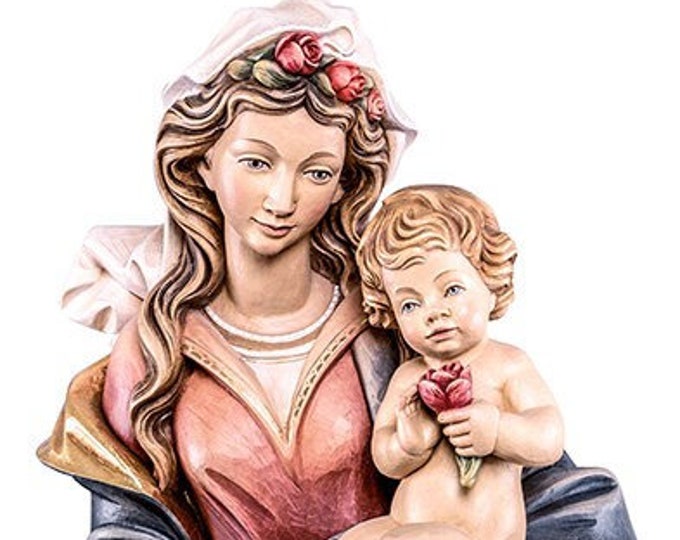 Statue of the Madonna of the roses with baby Jesus, carved in Valgardena wood, hand decorated, Italian artisan production