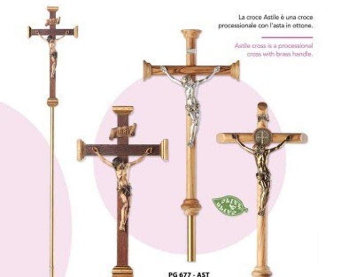 Processional Crucifix with brass rod, three models available, handcrafted in Italy