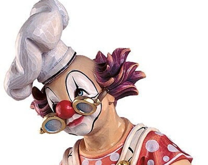 Clown Chef Statue carved in Valgardena wood and hand-decorated, of Italian artisan production