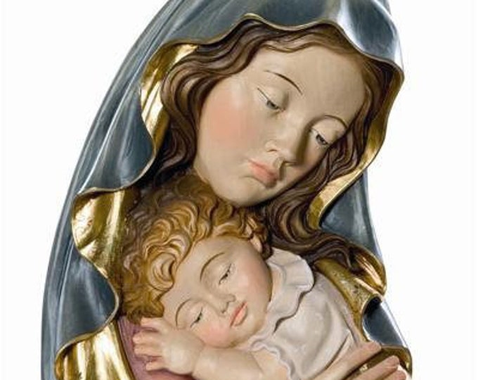 Sculpture Madonna with child to hang carved in Val Gardena wood decorated by hand artisan production