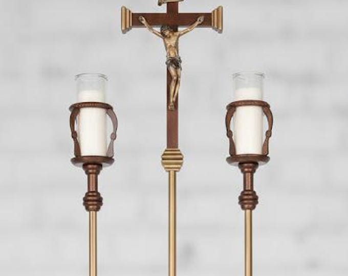 Processional Crucifix with two poles and candle holders, three models available, handcrafted in Italy
