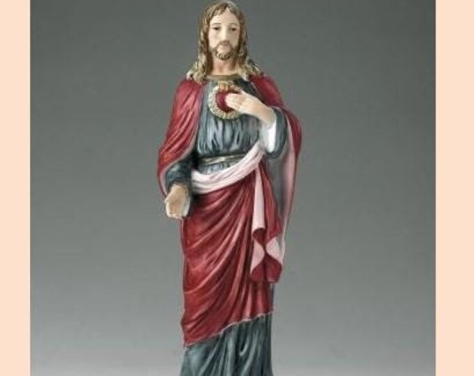 Statue of the Sacred Heart of Jesus, cm 40 (15.74 inches) in alabaster powder, wooden base, hand decorated, made in Italy