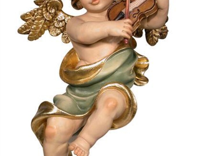Cecilia angel with violin, hanging, carved from Valgardena wood and hand-decorated, Italian artisan production.