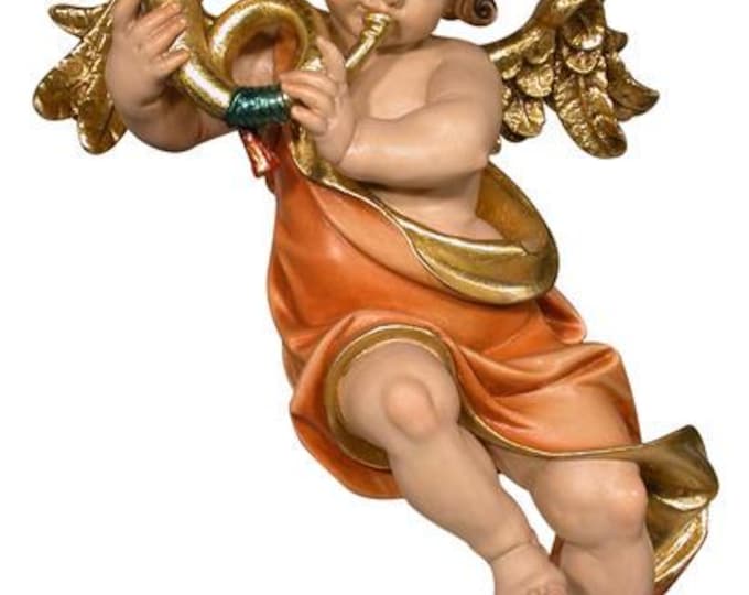Cecilia angel with horn to hang, carved in Valgardena wood and hand-decorated, Italian artisan production