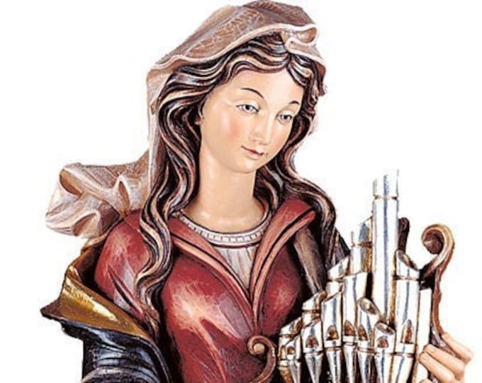 Statue of Saint Cecilia carved in Valgardena wood and hand decorated, Italian artisan production