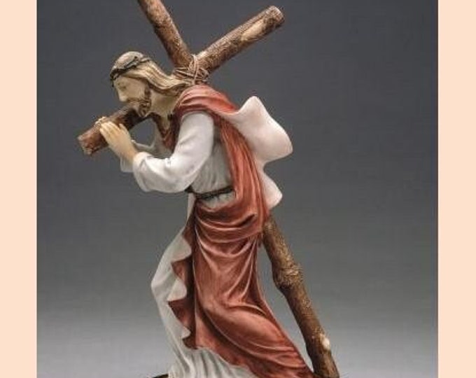 Statue of the Calvary of Jesus, cm 41 (16.14 inches) in alabaster powder, wooden base, hand decorated, made in Italy