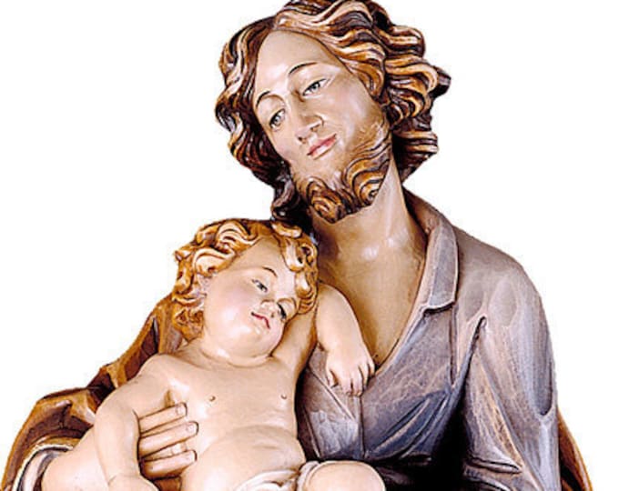 Statue of St. Joseph with baby Jesus carved in wood from Val Gardena and hand decorated of Italian artisan production