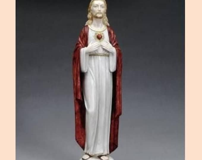 Statue of the Sacred Heart of Jesus, cm 37 (14.56 inches) in alabaster powder, wooden base, hand decorated, made in Italy