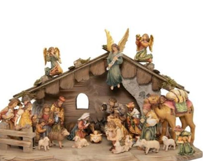Complete nativity scene with 24 figurines and a hut, carved from Valgardena wood, various sizes available, handcrafted in Italy.