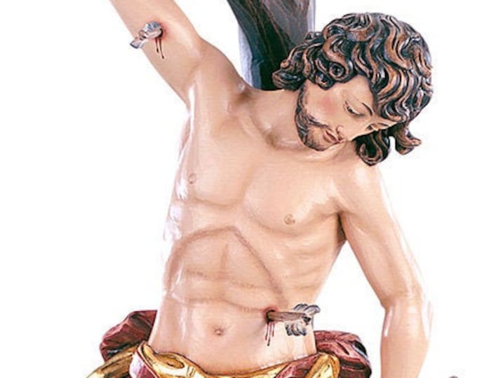 Statue of San Sebastiano carved in Valgardena wood and decorated by hand, of Italian artisan production