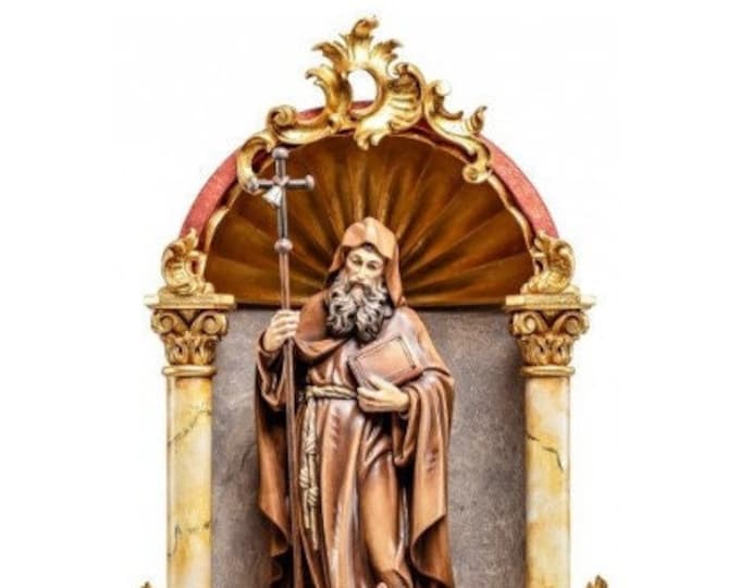 Statue of Sant'Antonio Abate, in a baroque domestic altar, carved in Italian-made Valgardena wood