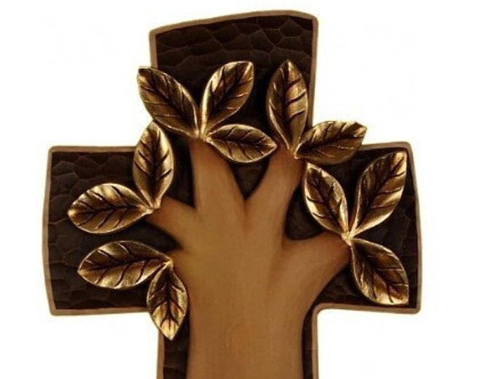 Tree of Life cross crucifix, carved in Valgardena wood and decorated by hand, various sizes, of Italian artisan production