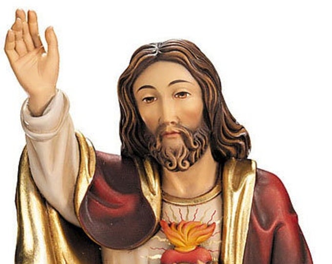 Sculpture of the Sacred Heart of Jesus to hang carved in Val Gardena wood decorated by hand of Italian artisan production